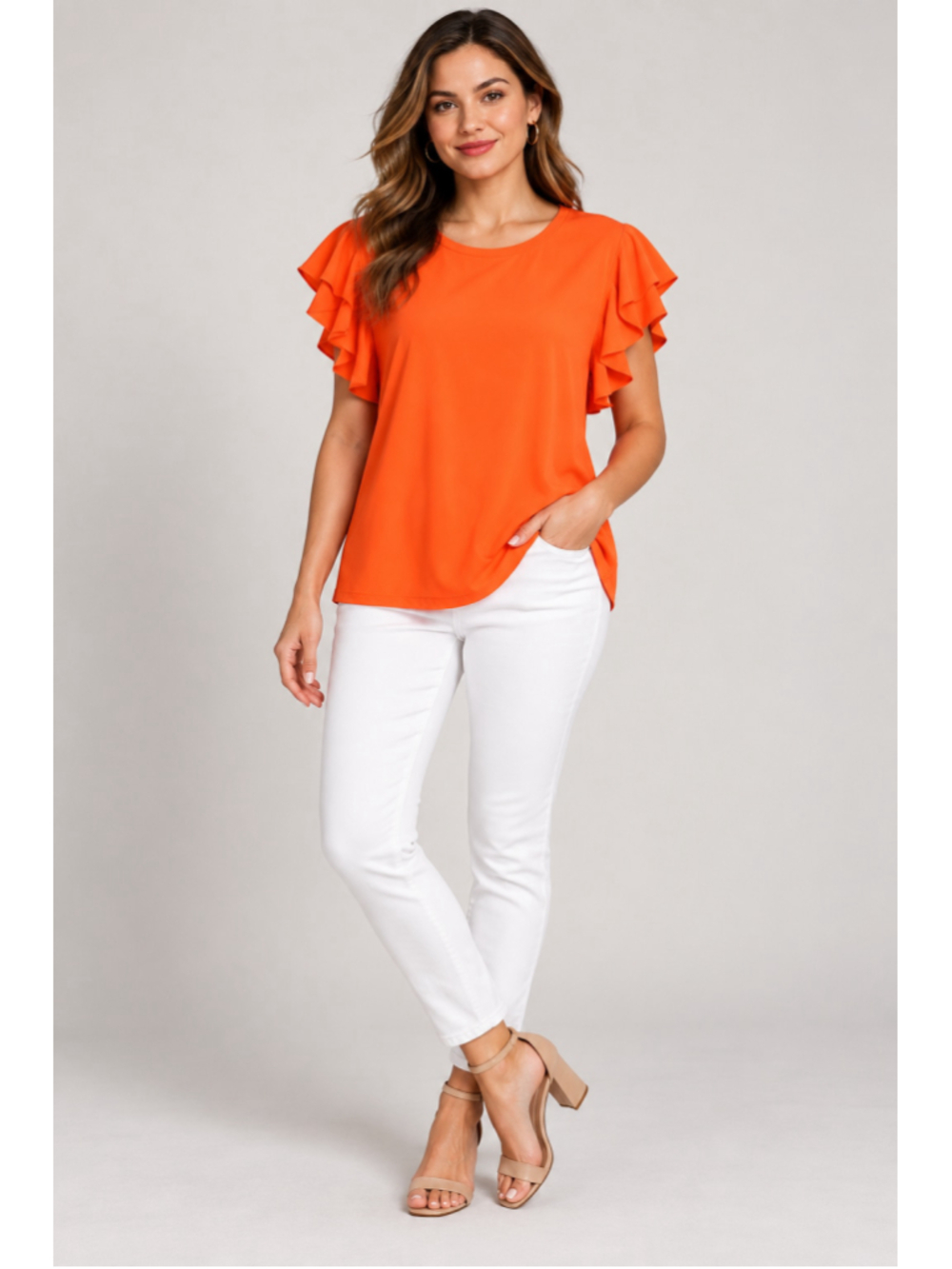 DKNY Women’s Orange Ruffle Flutter Sleeve Blouse Size Medium